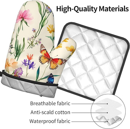 Vintage Floral Oven Mitts and Pot Holders Spring Summer Kitchen Accessories Set of 2 Wildflower Herb Flowers Gloves Potholder for Chef Cooking Baking Grilling BBQ - Image 4
