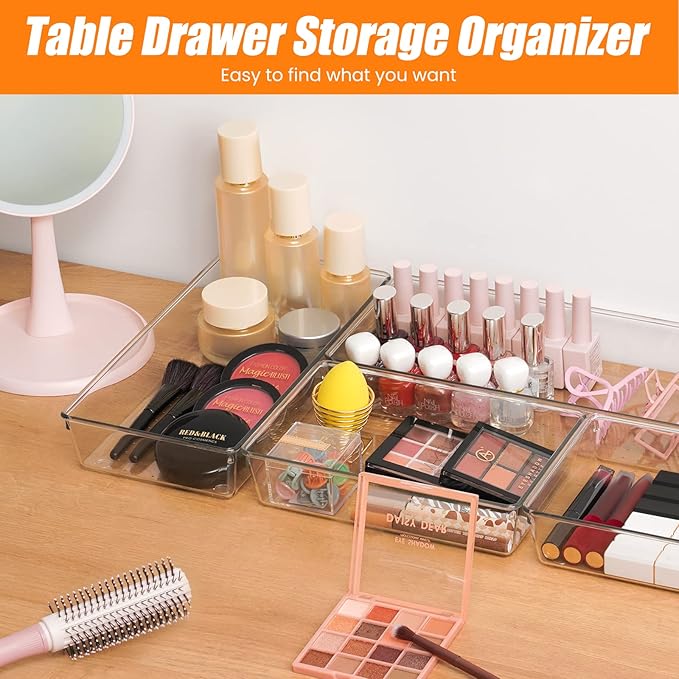 Criusia 18 Pcs Large Size Clear Drawer Organizer Set, Acrylic Non Slip Non Cracking Kitchen Drawer Storage Tray Divider, Multifunctional Storage for Cosmetics, Bathroom, Tools, Kitchen and Office - Image 7