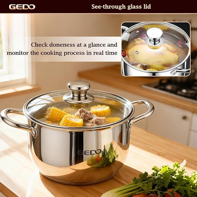 GEDO Stainless Steel Stock Pot with Glass Lid, 304 Grade Premium Soup Pot, Silver, Double Handle, for Kitchen Cooking (9.43in/24cm size) - Image 8