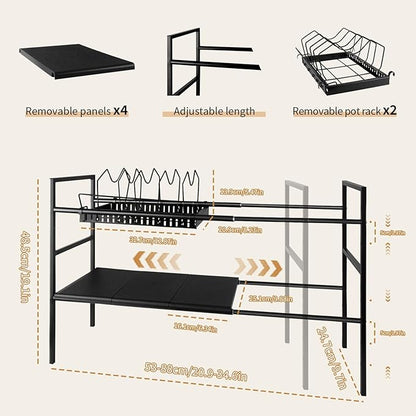 Pots and Pans Organizer Under Cabinet, Expandable Length, Adjustable Height Under Sink Shelf 2 Tier with 10 Dividers Under Cabinet Shelf, Pot and Pan Lid Holder Rack (Black)