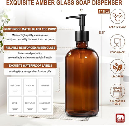 GMISUN Amber Glass Soap Dispenser, 2 Pack Bathroom Hand Soap Dispensers with Stainless Steel Pump, 17 Fl Oz Kitchen Hand and Dish Soap Dispenser Set, Modern Vintage Liquid Brown Soap Dispensers Bottle - Image 3