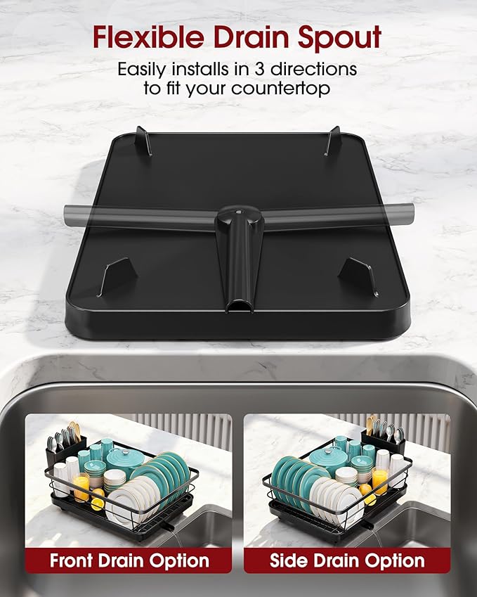 Sakugi Stainless Steel Dish Drying Rack for Kitchen Counter, Sink Organization and Storage Essentials with Silverware & Utensil Holder, Home and Apartment Decor, 12''W x 15.5''L, Black - Image 4