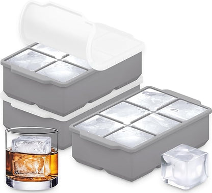 KitchFort Large Silicone Ice Cube Tray (3-Pack), Easy Release 2" Big Ice Cubes - Cocktail, Whiskey Ice Cubes Mold - Ice Trays for Freezer with Lid - Stackable Silicone Ice Tray - Gray by KitchFort