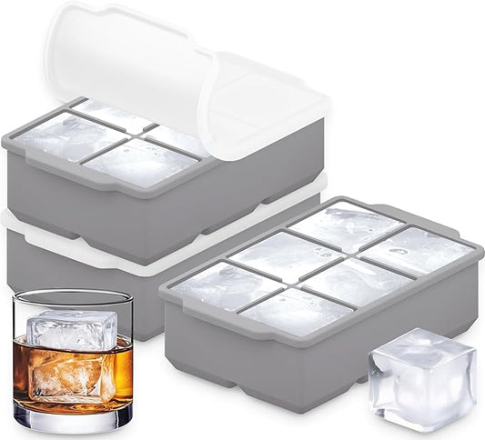 KitchFort Large Silicone Ice Cube Tray (3-Pack), Easy Release 2" Big Ice Cubes - Cocktail, Whiskey Ice Cubes Mold - Ice Trays for Freezer with Lid - Stackable Silicone Ice Tray - Gray by KitchFort