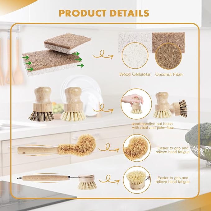DEBETOOL 6 Piece Bamboo Dish Brush Set with Coconut Sponge - Wooden Dish Brush with Sisal and Palm Fiber, Natural Bamboo Dish Scrub Brush for Kitchen Cleaning Dishes, Pots, Pans, Bottles, Vegetables - Image 4