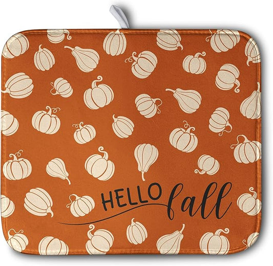 Hello Fall Drying Mat for Kitchen Counter Autumn Orange Pumpkin Dry Dish Mat Thanksgiving Absorbent Microfiber Dish Draining Washable Dish Drainer Rack Mat 16x18 Inch by Kwlegh