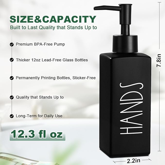 Hand Soap Dispenser, Matte Black Soap Dispenser for Bathroom, Glass Hands Liquid Dispenser with Pump, Farmhouse Soap Bottle Dispenser, Refillable Soap Bottle for Bathroom Decor, 12.3fl oz - Image 2
