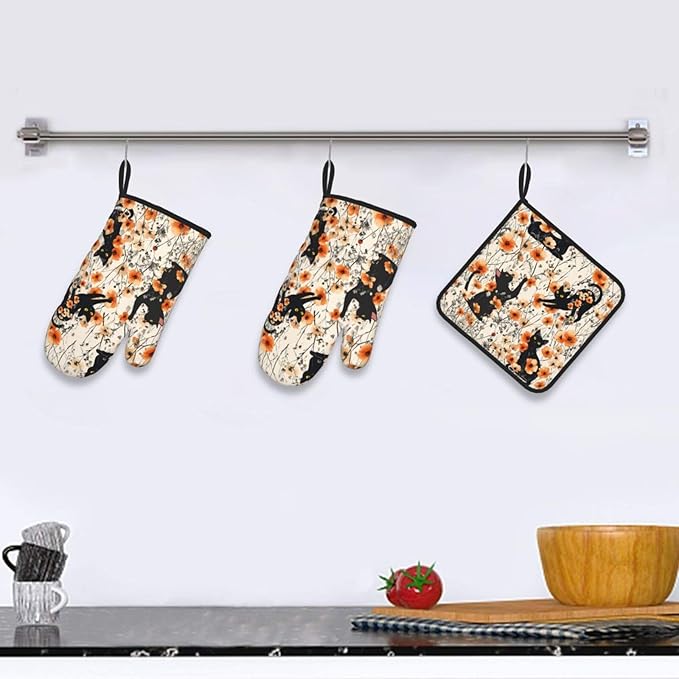 Orange Floral Pot Holders and Oven Mitts Set of 3,Cute Black Cat Kitchen Gloves Hot Pads for Baking Cooking Grilling BBQ Kitchen Decor,Black Cat Lover Gifts for Women