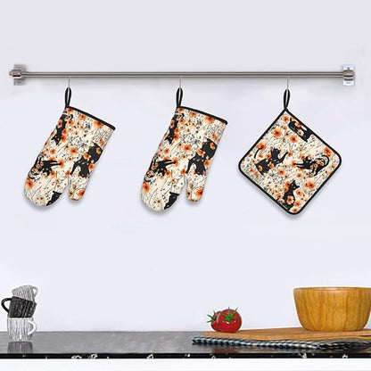 Orange Floral Pot Holders and Oven Mitts Set of 3,Cute Black Cat Kitchen Gloves Hot Pads for Baking Cooking Grilling BBQ Kitchen Decor,Black Cat Lover Gifts for Women