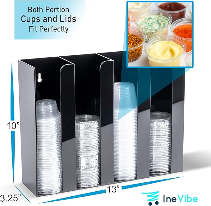 Inevibe Portion Cup and Lid Holder - 4 Compartment Acrylic Organizer for Condiment & Sauce Cups, Fits Cups 2 oz to 5.5 oz in Size, Use Dispenser on Countertop or Wall Mount - Image 2