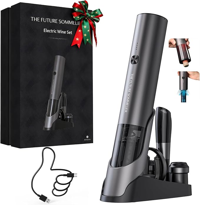 CIRCLE JOY Rechargeable Electric Wine Bottle Opener Set 7-in-1 Aluminum Alloy Wine Gift Set with 2-in-1 Electric Corkscrew & Vacuum Pump, Foil Cutter, Wine Pourer, Charging Base and 2 Wine Stoppers by CIRCLEJOY