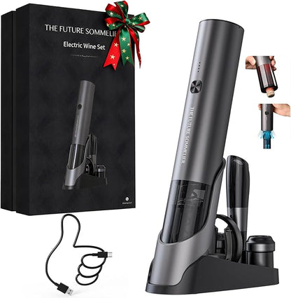 CIRCLE JOY Rechargeable Electric Wine Bottle Opener Set 7-in-1 Aluminum Alloy Wine Gift Set with 2-in-1 Electric Corkscrew & Vacuum Pump, Foil Cutter, Wine Pourer, Charging Base and 2 Wine Stoppers by CIRCLEJOY