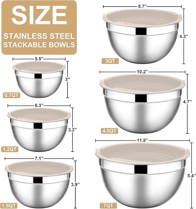 E-far Mixing Bowls with Lids, 12-Piece Stainless Steel Salad Bowls Metal Nesting Bowls for Baking Cooking and Prepping, Airtight Lids & Stackable Design, Size 7, 4.5, 3, 1.5, 1.2, 0.7 QT (Khaki) - Image 2