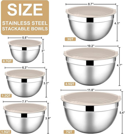 E-far Mixing Bowls with Lids, 12-Piece Stainless Steel Salad Bowls Metal Nesting Bowls for Baking Cooking and Prepping, Airtight Lids & Stackable Design, Size 7, 4.5, 3, 1.5, 1.2, 0.7 QT (Khaki) - Image 2