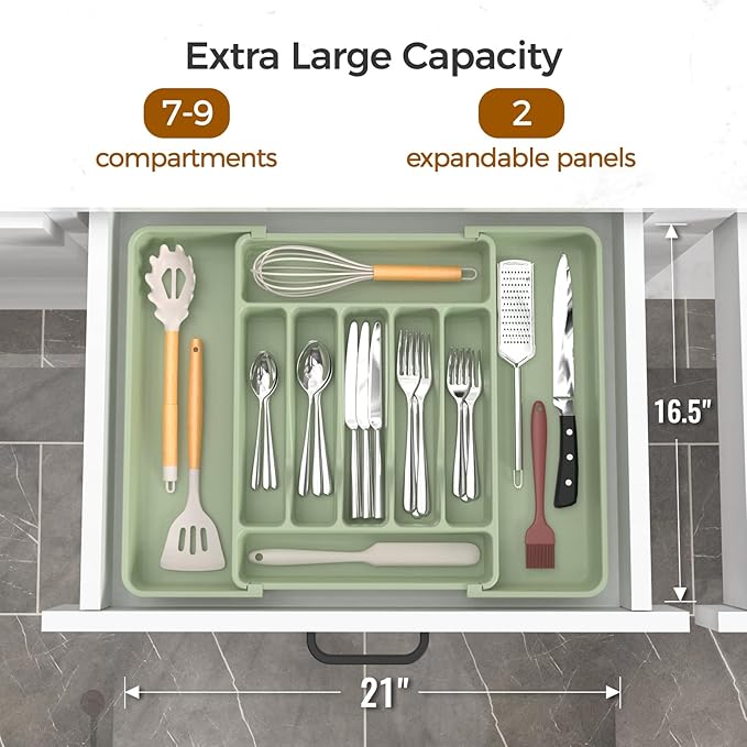 ukeetap Extra Large Expandable Silverware Organizer, BPA-Free Food-Safe Cutlery Flatware Organizer, Kitchen Utensil Drawer Organizer, Adjustable Silverware Holder for Spoons Forks Knives, Green - Image 2