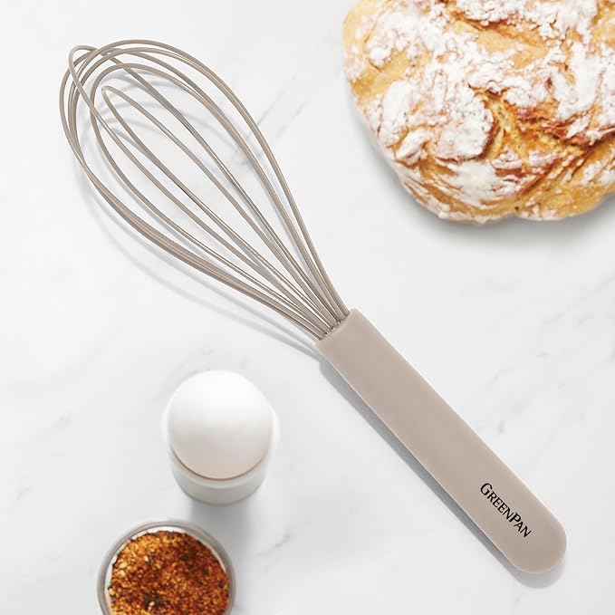 GreenPan Silicone Whisk, Mixing Blending Beating Stirring Cooking Kitchen Utensil, Flexible Rubber Nonstick Cookware, Rigid Steel Core, Heat-Resistant, Anti-Slip Handle BPA-Free Dishwasher Safe, Taupe - Image 2