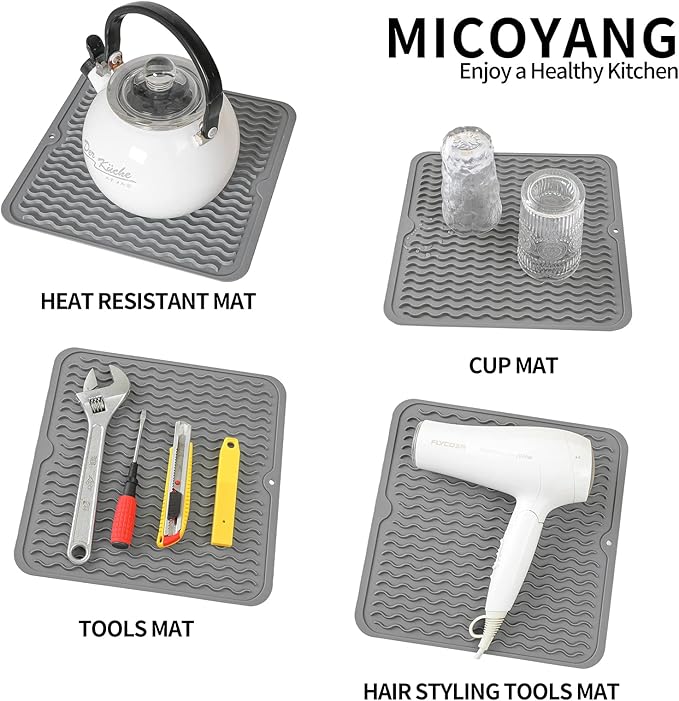 MicoYang Silicone Dish Drying Mat for Multiple Usage,Easy clean,Eco-friendly,Heat-resistant Silicone Mat for Kitchen Counter or Sink,Refrigerator or Drawer liner Grey M 12 inches x 12 inches - Image 4