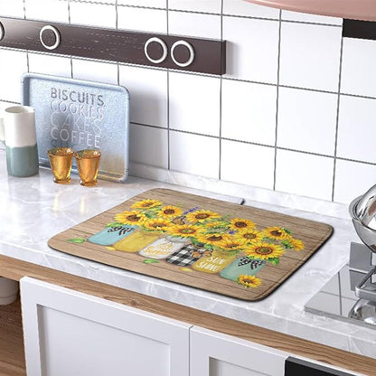 Sunflower Dish Drying Mat for Kitchen 16x18 Inch Counter Rustic Vintage Floral Vases Wood Grain Drying Mats Microfiber Absorbent Dishes Drying Pad Spring Summer Flowers Dish Drainer Rack Mat - Image 5