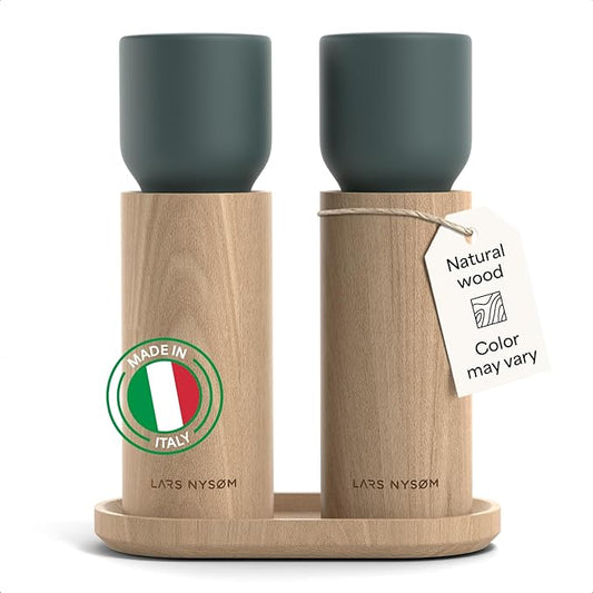 LARS NYSØM Wooden Salt and Pepper Grinder Set Manual with Tray - Salt and Pepper Mills with Adjustable Ceramic Grinder - Elegant Beechwood Pepper and Salt Mill Set for Dining Table (Stone Blue)