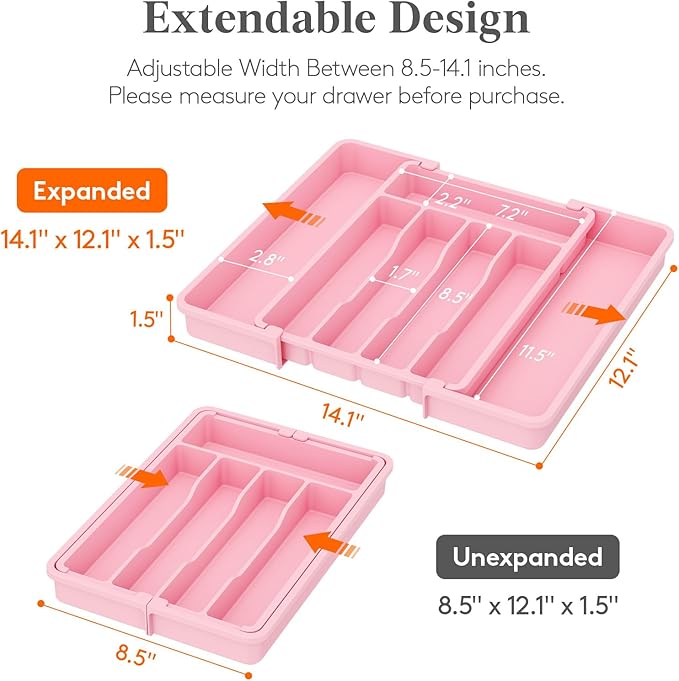 Lifewit Silverware Drawer Organizer, Expandable Utensil Tray for Kitchen, BPA Free Flatware and Cutlery Holder, Adjustable Plastic Storage for Spoons Forks Knives, 8.5"-14.1" x 12.1", Pink - Image 2