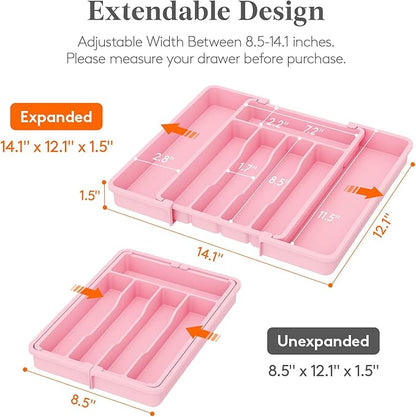 Lifewit Silverware Drawer Organizer, Expandable Utensil Tray for Kitchen, BPA Free Flatware and Cutlery Holder, Adjustable Plastic Storage for Spoons Forks Knives, 8.5"-14.1" x 12.1", Pink - Image 2