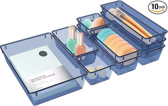 StorMiracle 10 PCS Drawer Organizer Set, 5 Varied Size Bathroom and kitchen Drawer cabinet organizer Trays, Clear Storage Bins for Makeup, Jewelry, Utensils and Gadgets, Dark Blue by StorMiracle