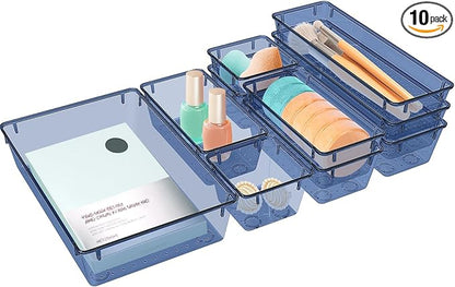 StorMiracle 10 PCS Drawer Organizer Set, 5 Varied Size Bathroom and kitchen Drawer cabinet organizer Trays, Clear Storage Bins for Makeup, Jewelry, Utensils and Gadgets, Dark Blue by StorMiracle