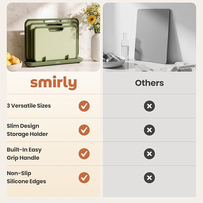 SMIRLY Plastic Cutting Board Set with Holder, Non-Slip Chopping Boards for Kitchen, Dishwasher Safe, Essential Kitchen Gadgets, 3 Pack, Green