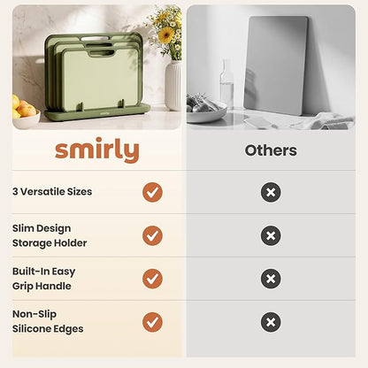 SMIRLY Plastic Cutting Board Set with Holder, Non-Slip Chopping Boards for Kitchen, Dishwasher Safe, Essential Kitchen Gadgets, 3 Pack, Green