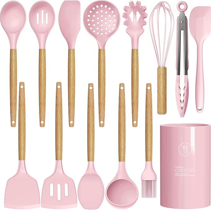 Silicone Kitchen Utensils Set - 446°F Heat Resistant Cooking Utensil Sets, Spatula,Turner,Tongs,Spoon,Brush,Whisk, Wooden Handle Silicone Kitchen Gadgets Tools for Non-Stick Cookware BPA Free (Pink) by oannao