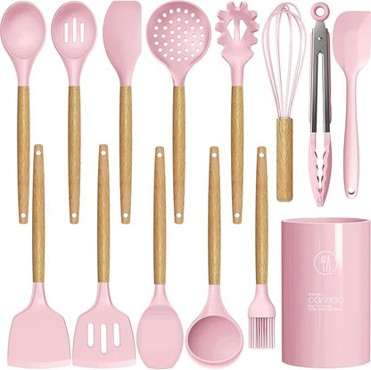 Silicone Kitchen Utensils Set - 446°F Heat Resistant Cooking Utensil Sets, Spatula,Turner,Tongs,Spoon,Brush,Whisk, Wooden Handle Silicone Kitchen Gadgets Tools for Non-Stick Cookware BPA Free (Pink) by oannao