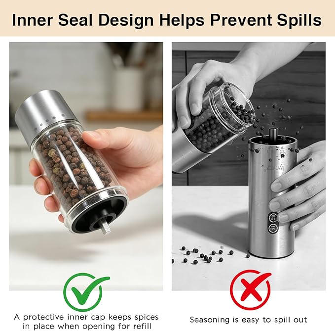StarOcean Electric Salt and Pepper Grinder Set, Automatic Gravity Grinder with Rechargeable Base, 5 Adjustable Coarseness, Leak-Proof & Mess-Free, USB-C Charging, Stainless Steel
