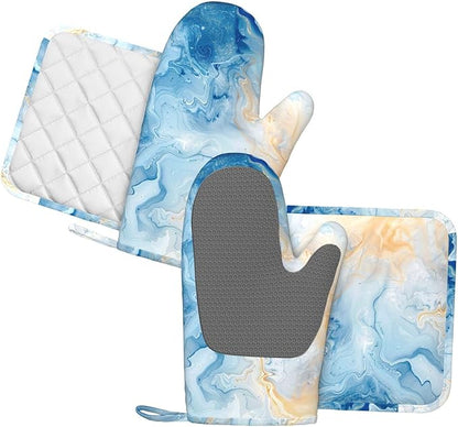 Oven Mitts and Pot Holders Blue Marble Pastel Silicone Kitchen Accessories Set of 4 Heat Resistant Long Gloves Potholder Non-Slip Grip for Chef Cooking Baking Grilling BBQ