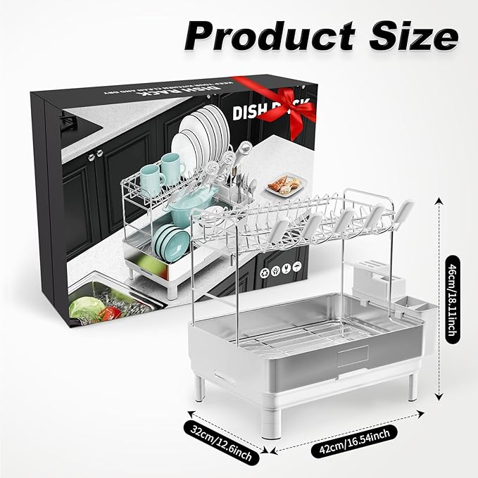 Ewaiira Dish Drying Rack, 2 Tier Large Dish Rack, Stainless Steel Dish Drainer for Kitchen Counter, Dishes Rack with Automatic Drainage, Utensil Holder&Cups Holder,Space Saving Kitchen Organizer,White - Image 2