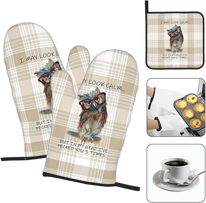 Funny Owl Oven Mitts and Pot Holders Sets of 3 Kitchen Hot Pads Cute Buffalo Plaid Oven Gloves Heat Resistant Washable for Cooking Grilling Baking Holiday Kitchen Decor - Image 3
