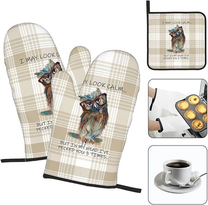 Funny Owl Oven Mitts and Pot Holders Sets of 3 Kitchen Hot Pads Cute Buffalo Plaid Oven Gloves Heat Resistant Washable for Cooking Grilling Baking Holiday Kitchen Decor - Image 3