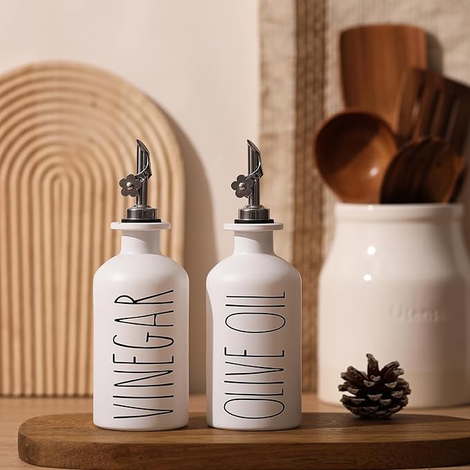 HOMCDALY Premium Olive Oil Dispenser for Kitchen, 11.8oz Glass Oil Bottles with Bamboo Tray, White Oil&Vinegar Cruet Set, Kitchen Dispenser Bottles with Pourer| Set of 2 (11.8oz –P–White) - Image 6