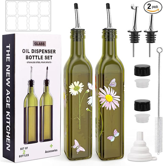 COOLMI Oil and Vinegar Dispenser Set - 17oz/500ML Premium Glass Olive Oil Dispenser Bottles for Kitchen, Oil Dispenser for Kitchen(Daisy) by COOLMI