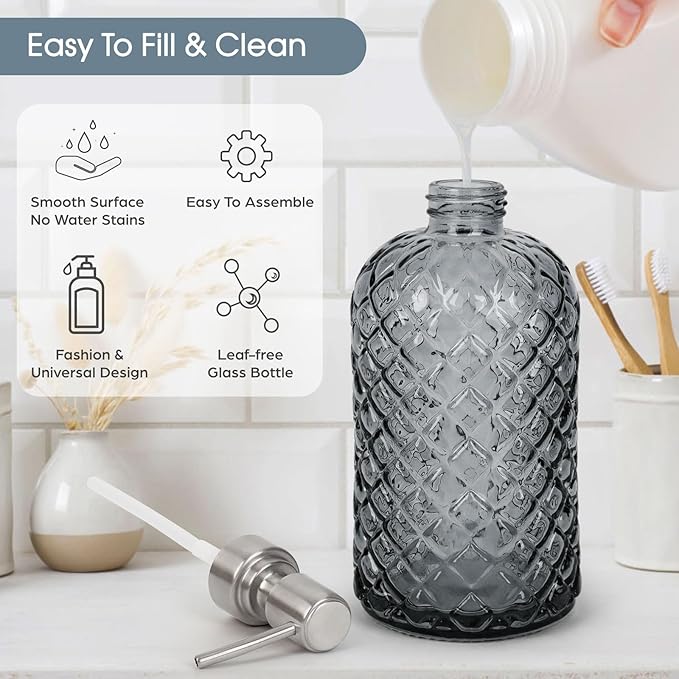 Gem-Patterned Glass Soap Dispenser with Rust Proof Stainless Steel Pump-13 oz Liquid Hand Soap Dispenser for Kitchen & Bathroom,Great for Lotions, Essential Oil, Liquid Soaps-Gray - Image 2