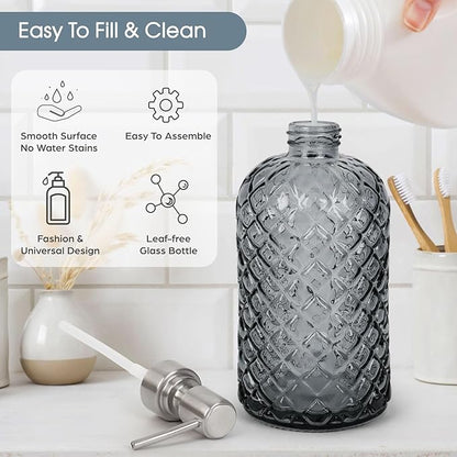Gem-Patterned Glass Soap Dispenser with Rust Proof Stainless Steel Pump-13 oz Liquid Hand Soap Dispenser for Kitchen & Bathroom,Great for Lotions, Essential Oil, Liquid Soaps-Gray - Image 2