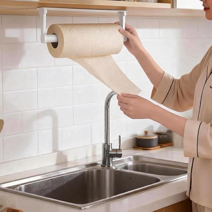 MONEER Kitchen Roll Holder Under Cabinet, Paper Towel Holder, Aluminum Alloy Kitchen Towel Holders, Self Adhesive Kitchen Roll Holder for Kitchen, Bathroom, Living Room (White) - Image 3