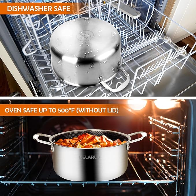 DELARLO Tri-Ply Stainless Steel Stock Pot, 5QT Non Stick Pots, Induction Ready, Cooking Pots with Lids, Stockpot 600℉ Oven Safe, 18/8 Food Grade Cookware, Soup Pot, Energy Saving, Lids 350℉ - Image 5