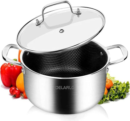 DELARLO Tri-Ply Stainless Steel Stock Pot, 5QT Non Stick Pots, Induction Ready, Cooking Pots with Lids, Stockpot 600℉ Oven Safe, 18/8 Food Grade Cookware, Soup Pot, Energy Saving, Lids 350℉ by DELARLOCOOKWARE