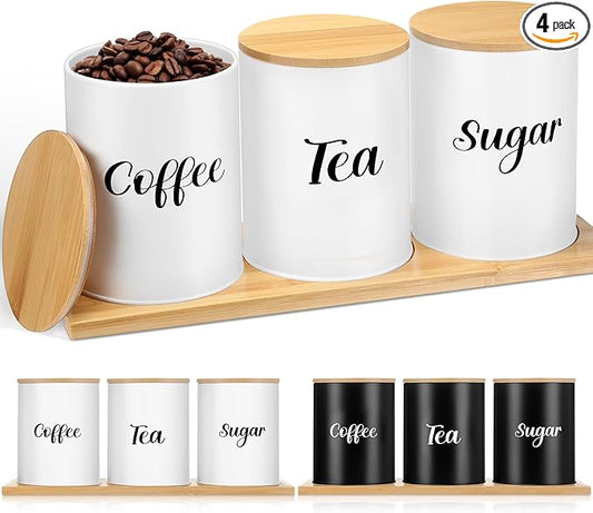 Reallnaive Coffee Tea Sugar Container Set with Tray, Set of 3 Airtight Metal Canister with Bamboo Lids, Farmhouse Kitchen Counter Organizer for Coffee Bar and Drink Station (White)