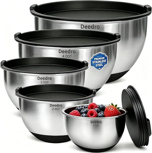 Deedro Premium Mixing Bowls with Airtight Lids Set, 22Pcs Thicker Stainless Steel Mixing Bowl Set, Large Prep Metal Bowls, Non-Slip Silicone Base Nesting Bowls for Kitchen, 1.5/2/3/4/5 QT, Black by Deedro