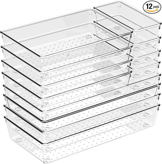 12 Pack Large Drawer Organizer Bins - Clear Plastic Bathroom Drawer Organizer Trays - Heavy Duty Kitchen Drawer Dividers for Utensils - Non-Slip Storage Bins for Makeup, Bedroom, Office Desk by CHOWAY