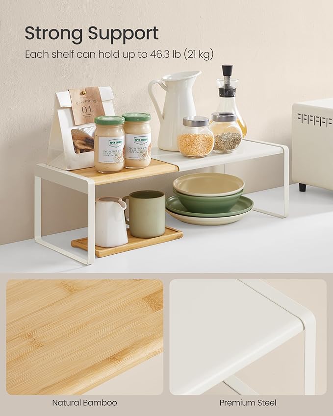 SONGMICS HOME Spice Racks, Expandable Cupboard Shelf Orgnizers, Kitchen Counter Shelves, Bamboo and Metal, Space-Saving Shelving, Stackable, Light Bamboo and Cream White UKCS051N01 - Image 5