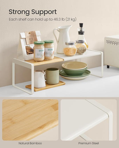SONGMICS HOME Spice Racks, Expandable Cupboard Shelf Orgnizers, Kitchen Counter Shelves, Bamboo and Metal, Space-Saving Shelving, Stackable, Light Bamboo and Cream White UKCS051N01 - Image 5