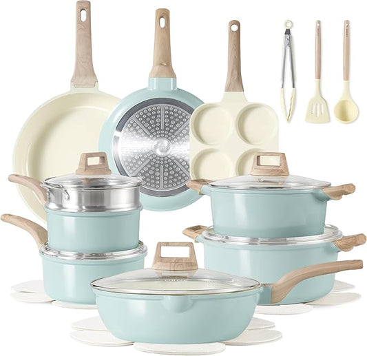 CAROTE 21-Piece Ceramic Pots and Pans Cookware Set, Non Stick Induction Cook Ware Kitchen Cooking Set Non-Toxic Health, PFAS Free by CAROTE