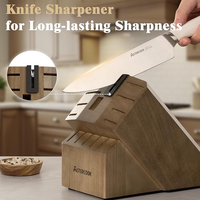 Astercook Knife Set Kitchen with Block and Sharpener Premium Full Tang 17 Pcs German Stainless Steel Knives Dishwasher Safe Kitchen Utensils Set with with and Anti-slip Ergonomic Handle, Cream White - Image 4
